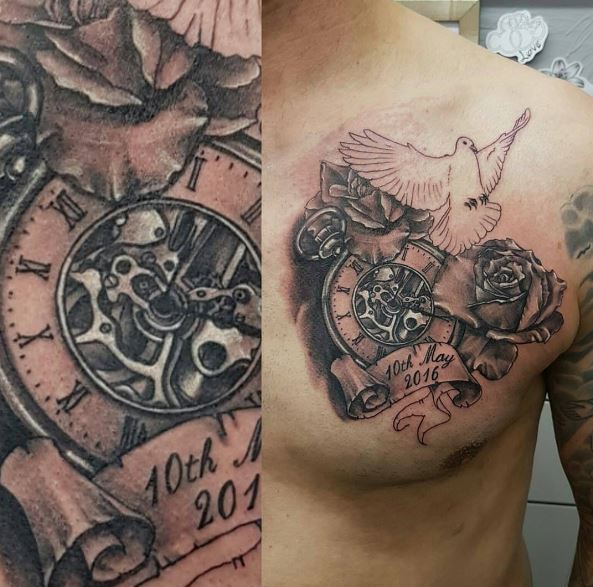 Diseño de tatuajes de reloj de bolsillo en el pecho