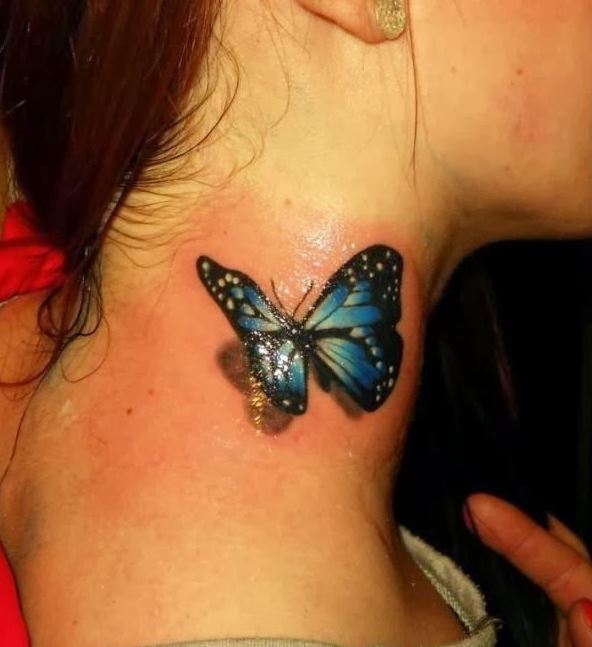 Tatuaje en el cuello, mariposa realista colorida 3D