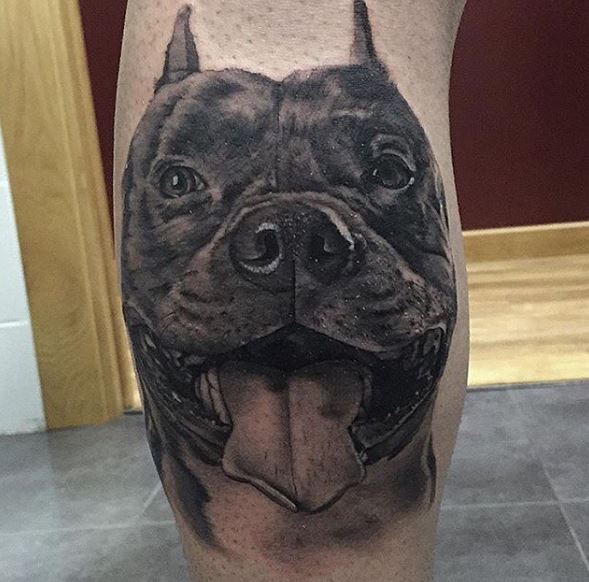 Diseño de tatuajes de perro bull terrier de color negro en la pantorrilla