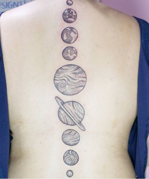 Diseño de tatuajes de planetas en la parte posterior completa