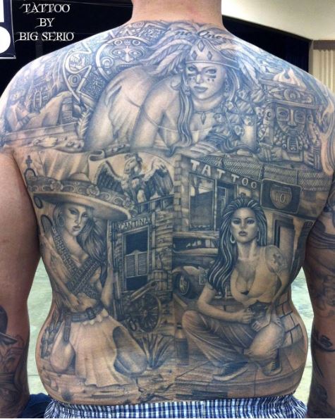 Diseño de tatuajes mexicanos y aztecas en la espalda completa