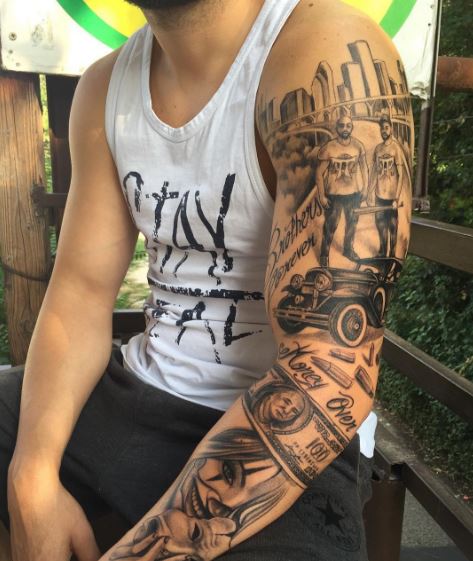 Diseño de tatuajes de gángster en bíceps