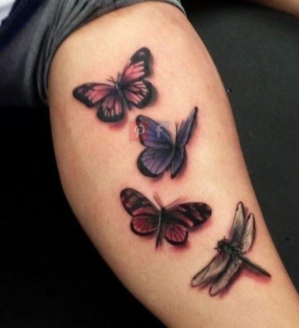 Tatuajes de libélulas y mariposas en la pantorrilla