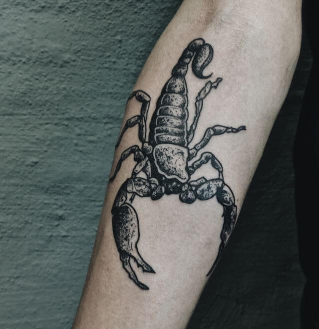 Tatuaje de escorpión en la parte inferior del brazo