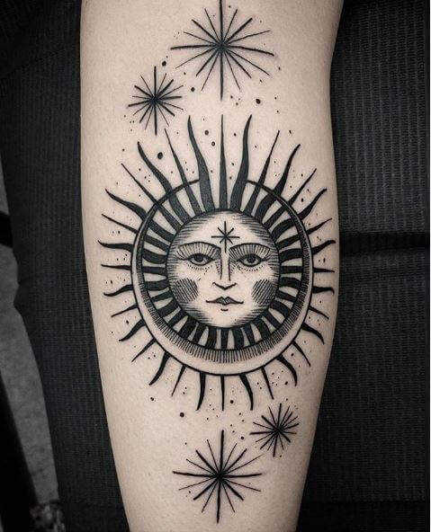 Diseño de tatuajes de sol negro y blanco en las manos