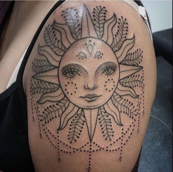 Diseño de tatuajes de sol de línea de puntos en las manos