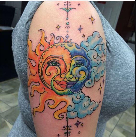 Diseño de tatuajes de sol y luna en acuarela en brazos