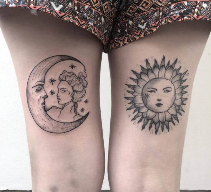 Tatuaje Sol Y Luna En La Pierna