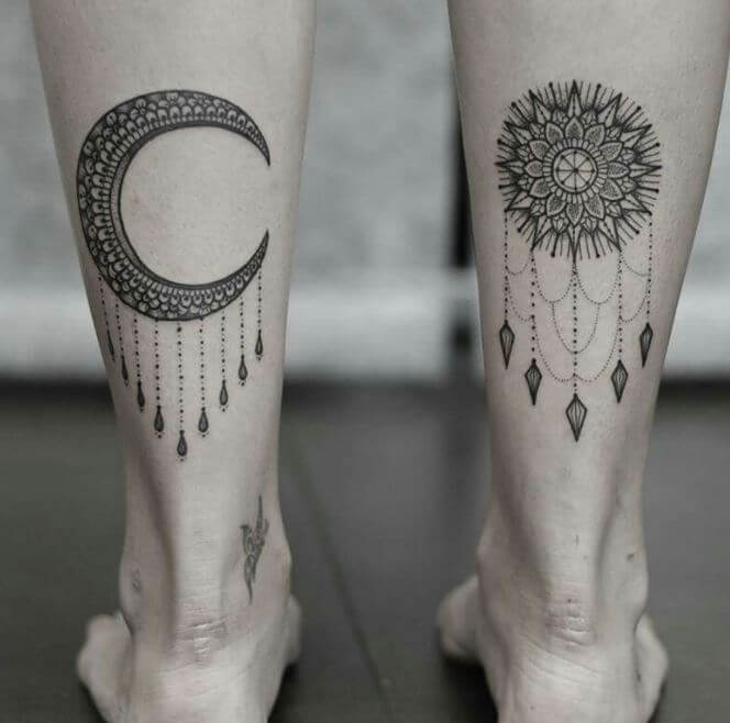 Tatuajes de sol y luna en las pantorrillas