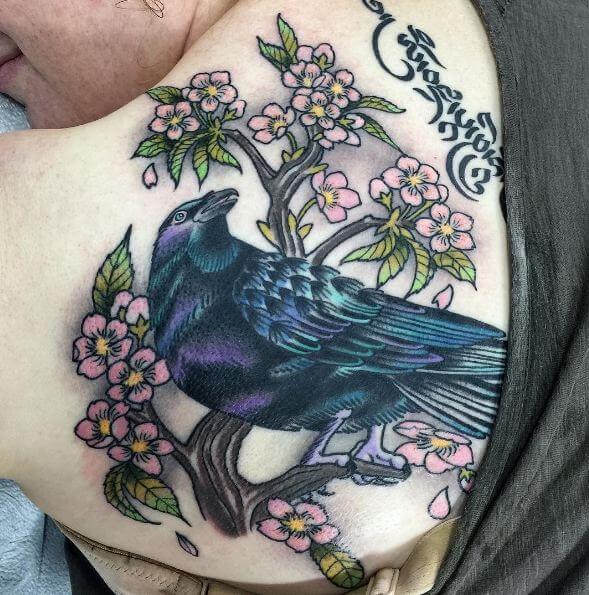 Tatuaje De Flor De Cerezo En La Espalda