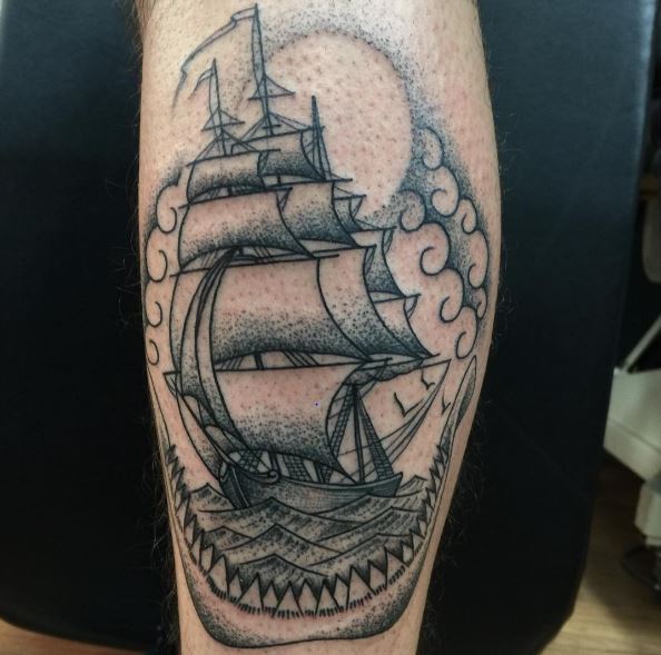Clipper Ship And Shark Jaw Tattoos Design