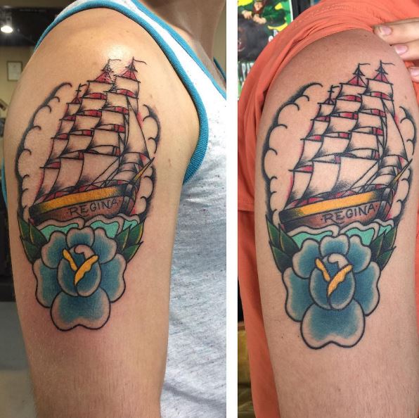 Diseño de tatuajes de barcos en bíceps