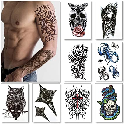 Tatuajes temporales para hombres, chicos y adolescentes, pegatinas de tatuajes falsos (8 hojas grandes), tatuajes para niños, tatuajes de motorista, transferencias de balancín para brazos, hombros, pecho y espalda