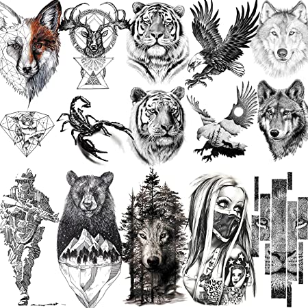 VANTATY 10 hojas de tatuajes temporales de tigre realistas animales para hombres brazalete de cuerpo soldado pegatinas de Tatuaje falso para mujeres lobo escorpión