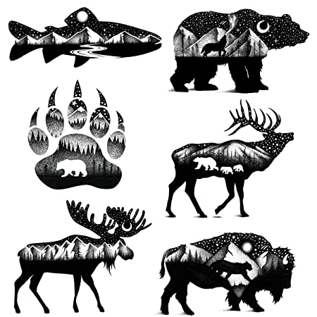 6 hojas de tatuajes temporales de animales en blanco y negro para adultos y adolescentes