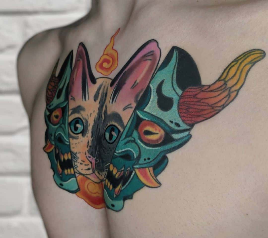 Diseño de tatuaje de gato demonio aterrador