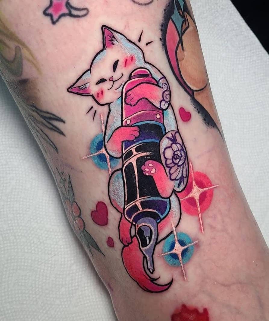 Diseño de tatuaje de gato rosa brillante