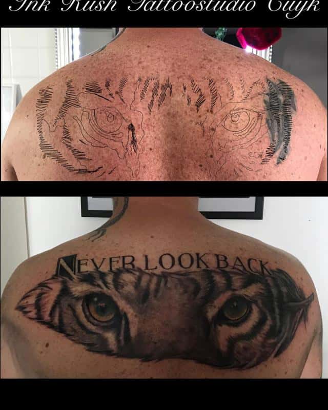 Diseño de tatuaje de ojos de tigre nunca mires atrás