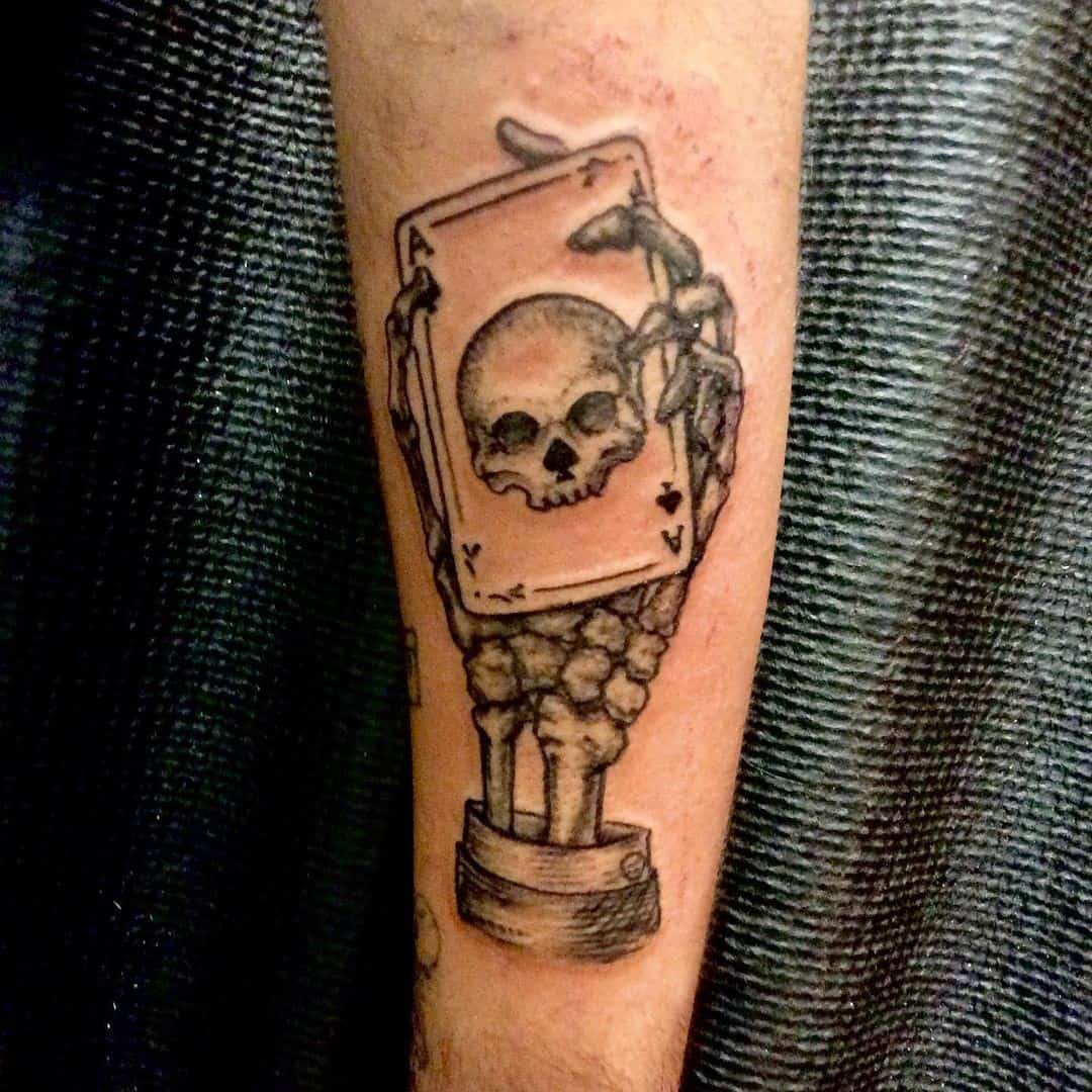 Tatuaje en el brazo, calavera, tinta negra 