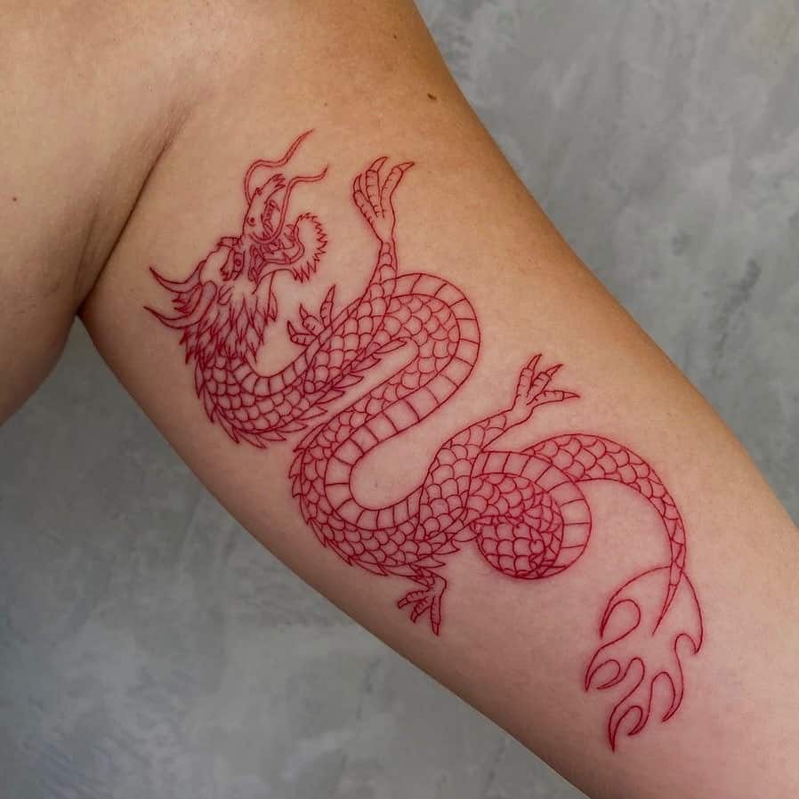 Diseño de tatuaje de dragón rojo en brazo interno