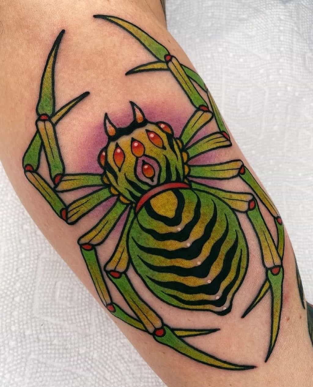 Tatuaje de araña verde brillante tinta grande 