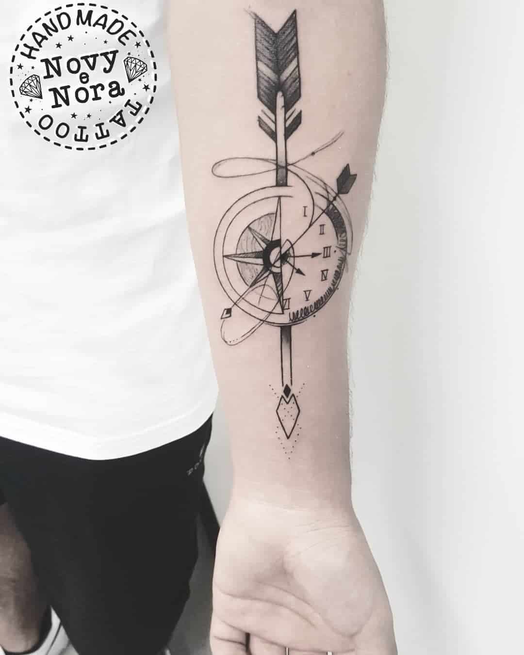 Tatuaje en la mano, flecha con brújula