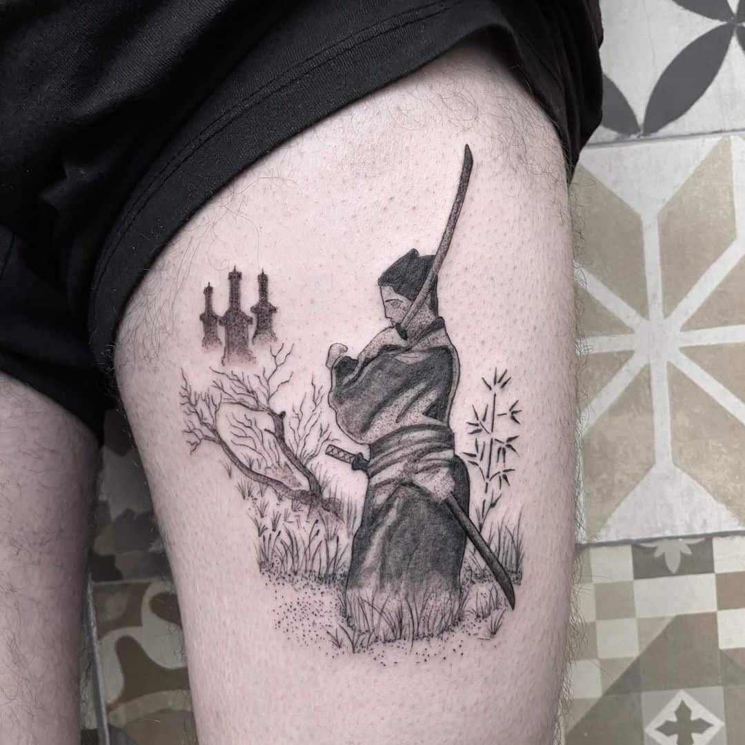 Tatuaje en blanco y negro de Geisha Samurai 