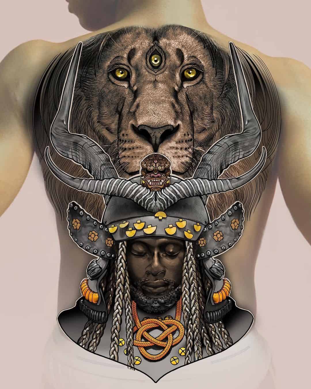 Tatuaje de casco Samurai con estampado de león 