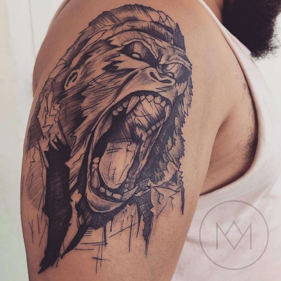 Idea de tatuaje de King Kong de hombro y brazo de obra maestra
