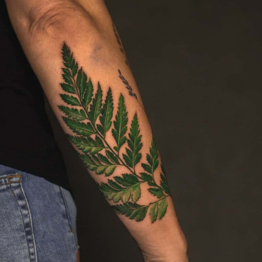 Brazo de tatuaje de helecho verde oscuro