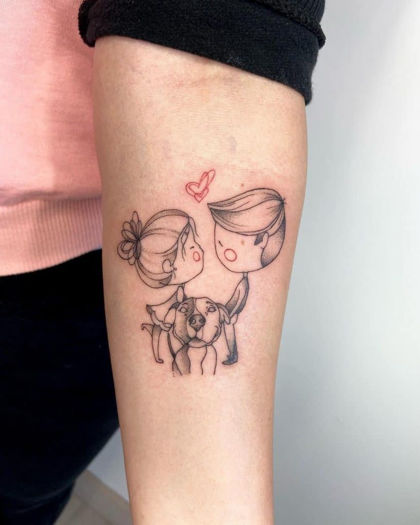 Tatuaje de amor inspirado en pareja y perro