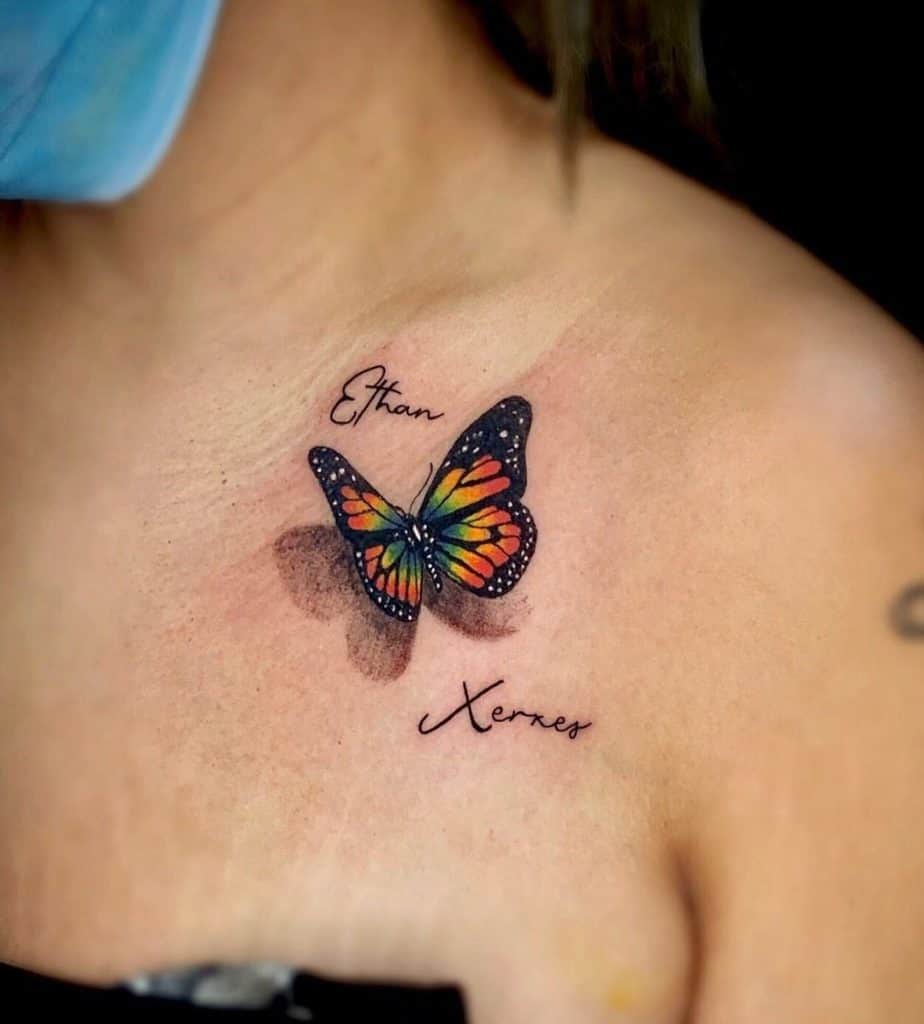 Tatuaje de mariposa 3D en el pecho