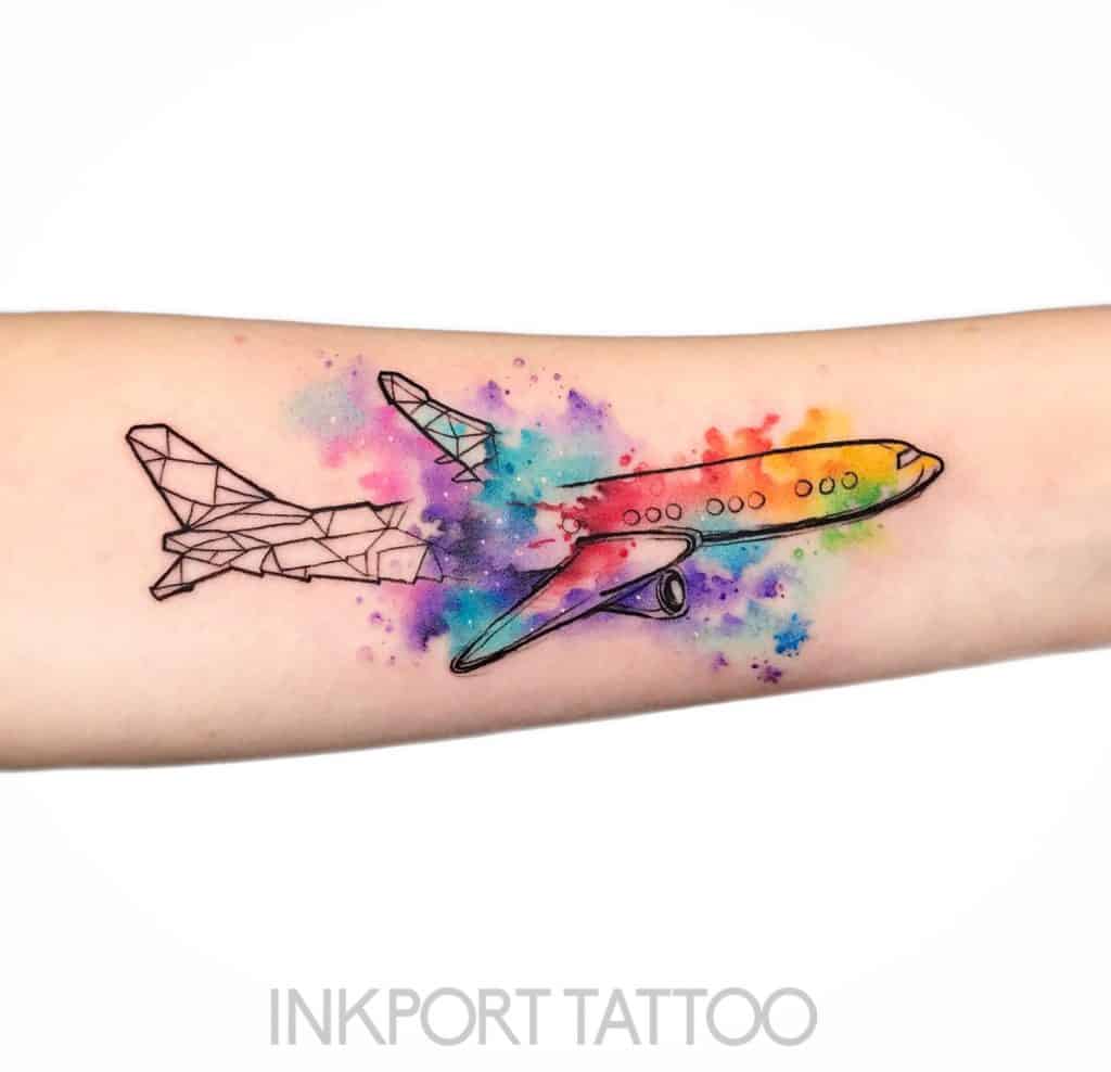 Diseño de tatuaje de avión Salpicadura de color