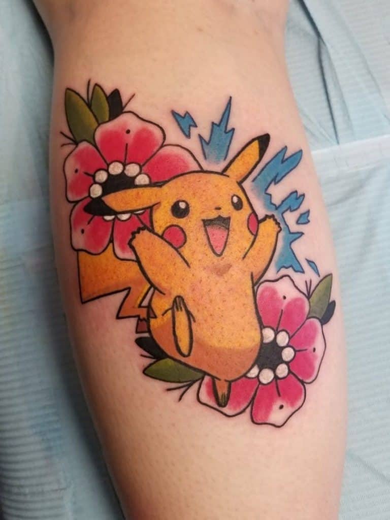 Pokemon Tattoo Pikachu Estampado Con Flores