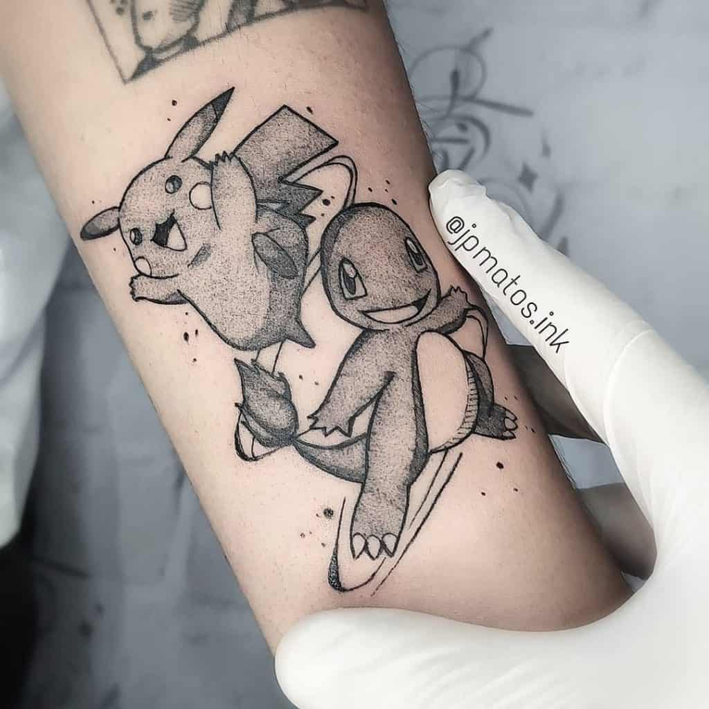 Pikachu & Charmander Negro Blanco Tatuaje 