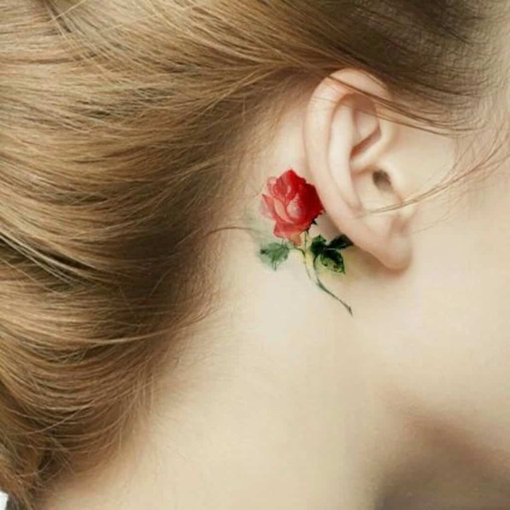 Tatuaje de una rosa roja femenina detrás de la oreja